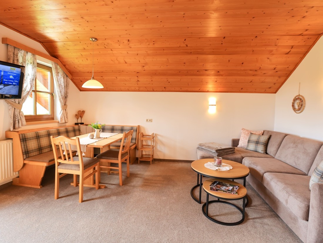 Gemütliches Wohnzimmer mit Holzbalkendecke, Sofa, Esstisch und Wandfernseher